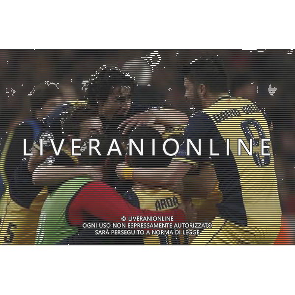 Atletico de Madrid team celebrate Diego\'s goal during the Champions League football match 1/4 FC Barcelona - Atletico de Madrid at the Camp Nou Stadium in Barcelona. Spain. Apr. 1, 2014. (Xinhua/Pau Barrena) AG ALDO LIVERANI SAS ONLY ITALY
