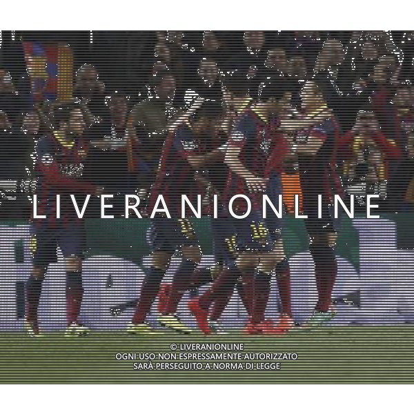 FC Barcelona players celebrate the goal after score during the Champions League football match 1/4 FC Barcelona - Atletico de Madrid at the Camp Nou Stadium in Barcelona. Spain. Apr. 1, 2014. (Xinhua/Pau Barrena) AG ALDO LIVERANI SAS ONLY ITALY