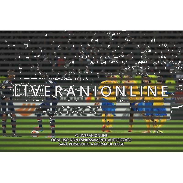 Deception Lyon - Bafetimbi GOMIS / Joie Juventus Turin - Leonardo BONUCCI - 03.02.2014 - Lyon / Juventus Turin - 1/4Finale Aller Ligue Europa Photo : Jean Paul Thomas / Icon Sport AG ALDOLIVERANI SAS ONLYITALY