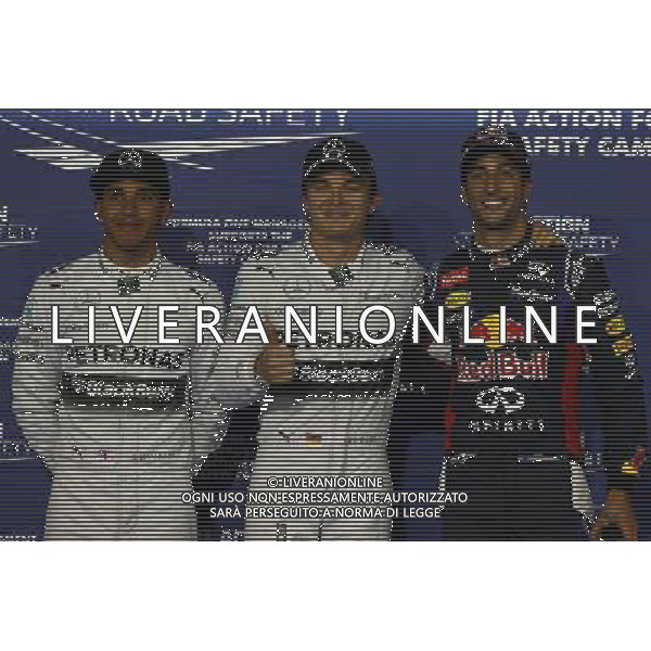 pole position for Nico Rosberg (GER) Mercedes AMG F1 2nd for Lewis Hamilton (GBR) Mercedes AMG F1 W05 and 3rd for Daniel Ricciardo (AUS) Red Bull Racing RB10. 05.04.2014. Formula 1 World Championship, Rd 3, Bahrain Grand Prix, Sakhir, Bahrain, Qualifying Day. - www.xpbimages.com, EMail: requests@xpbimages.com - copy of publication required for printed pictures. Every used picture is fee-liable. © Copyright: Batchelor / XPB Images AG ALDO LIVERANI SAS ONLY ITALY