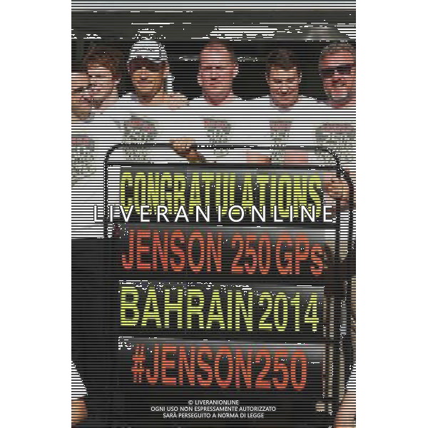 Jenson Button (GBR) McLaren celebrates his 250th GP with the team. 06.04.2014. Formula 1 World Championship, Rd 3, Bahrain Grand Prix, Sakhir, Bahrain, Race Day. - www.xpbimages.com, EMail: requests@xpbimages.com - copy of publication required for printed pictures. Every used picture is fee-liable. © Copyright: Batchelor / XPB Images AG ALDO LIVERANI SAS ONLY ITALY