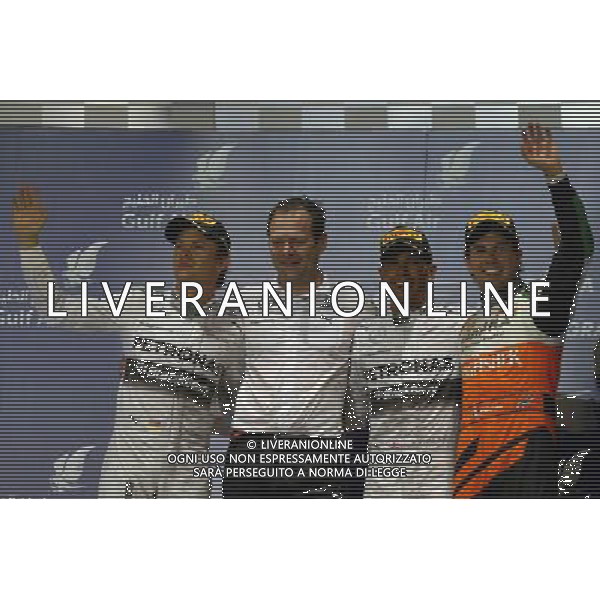 1st place Lewis Hamilton (GBR) Mercedes AMG F1, 2nd place Nico Rosberg (GER) Mercedes AMG F1 and 3rd place Sergio Perez (MEX) Sahara Force India F1. 06.04.2014. Formula 1 World Championship, Rd 3, Bahrain Grand Prix, Sakhir, Bahrain, Race Day. - www.xpbimages.com, EMail: requests@xpbimages.com - copy of publication required for printed pictures. Every used picture is fee-liable. © Copyright: Batchelor / XPB Images AG ALDO LIVERANI SAS ONLY ITALY 