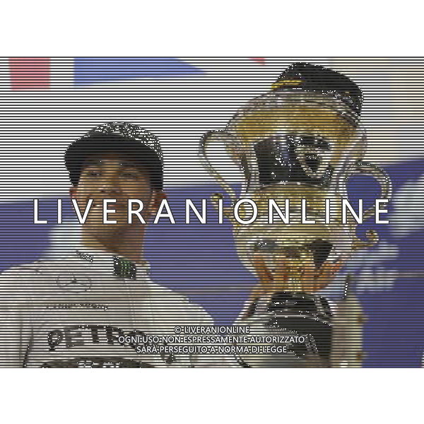 (140407) -- MANAMA, April 7, 2014() -- Mercedes\' Lewis Hamilton celebrates after the final of Formula 1 Bahrain Grand Prix in Manama, Bahrain, on April 6, 2014. Hamilton won the title with 1 hour 39 minutes and 42.743 seconds. (/Hasan Jamali) ©photoshot/AGENZIA ALDO LIVERANI SAS - ITALY ONLY - EDITORIAL USE ONLY