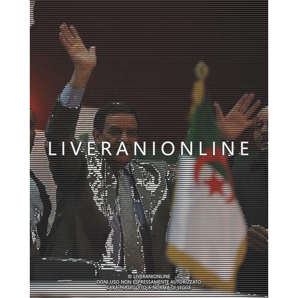 (140406) -- BLIDA (ALGERIA), April 6, 2014 () -- Algerian National Front President and presidential candidate for the upcoming election Moussa Touati delivers a speech during a campaign rally in Blida, west of Algiers April 6, 2014. The presidential election is set on April 17. (/Mohamed Kadri) ©photoshot/AGENZIA ALDO LIVERANI SAS - ITALY ONLY - EDITORIAL USE ONLY - Campagna elettorale per le elezioni presidenziali in Algeria, 6 aprile 2014.
