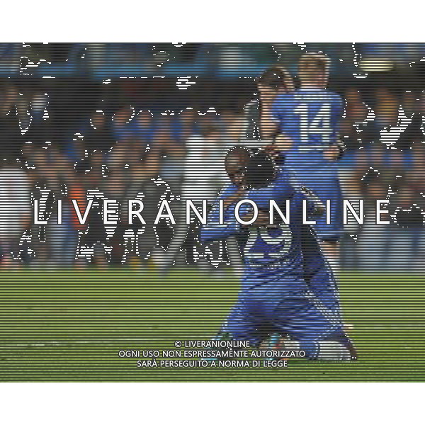 Chelsea\'s Demba Ba celebrates with team-mate Samuel Eto\'o Photo by Ashley Western/CameraSport Football - UEFA Champions League Quarter Final Second Leg - Chelsea v Paris St Germain - Tuesday 8th April 2014 - Stamford Bridge - London © CameraSport - 43 Linden Ave. Countesthorpe. Leicester. England. LE8 5PG - Tel: +44 (0) 116 277 4147 - admin@camerasport.com - www.camerasport.com AG ALDO LIVERANI SAS ONLY ITALY