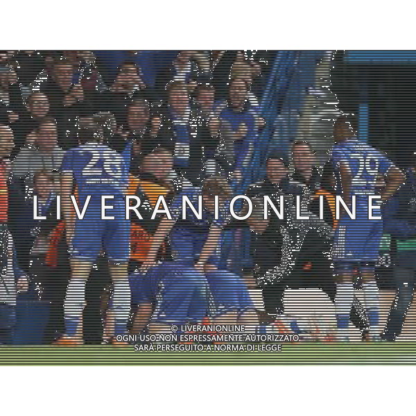 Chelsea\'s Demba Ba celebrates scoring his sides second goal Photo by Kieran Galvin/CameraSport Football - UEFA Champions League Quarter Final Second Leg - Chelsea v Paris St Germain - Tuesday 8th April 2014 - Stamford Bridge - London © CameraSport - 43 Linden Ave. Countesthorpe. Leicester. England. LE8 5PG - Tel: +44 (0) 116 277 4147 - admin@camerasport.com - www.camerasport.com AG ALDO LIVERANI SAS ONLY ITALY