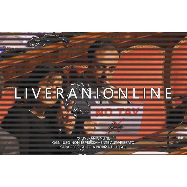 Roma - 09/04/2014 - Senato - Palazzo Madama - Ratifica ed esecuzione dell\'Accordo tra il Governo della Repubblica italiana e il Governo della Repubblica francese per la realizzazione e l\'esercizio di una nuova linea ferroviaria Torino-Lione - nella foto: Senatori del M5S espongono cartelli NO TAV / Ph. Fabrizio Corradetti - ag. Aldo Liverani Sas