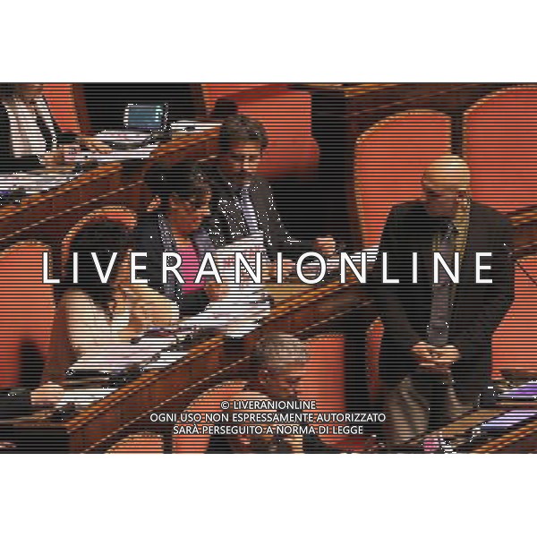 Roma - 09/04/2014 - Senato - Palazzo Madama - Ratifica ed esecuzione dell\'Accordo tra il Governo della Repubblica italiana e il Governo della Repubblica francese per la realizzazione e l\'esercizio di una nuova linea ferroviaria Torino-Lione - nella foto: Senatori del M5S espongono cartelli NO TAV / Ph. Fabrizio Corradetti - ag. Aldo Liverani Sas