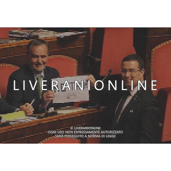 Roma - 09/04/2014 - Senato - Palazzo Madama - Ratifica ed esecuzione dell\'Accordo tra il Governo della Repubblica italiana e il Governo della Repubblica francese per la realizzazione e l\'esercizio di una nuova linea ferroviaria Torino-Lione - nella foto: Roberto Calderoli e Stefano Candiani espongono un cartello NO TRAM / Ph. Fabrizio Corradetti - ag. Aldo Liverani Sas