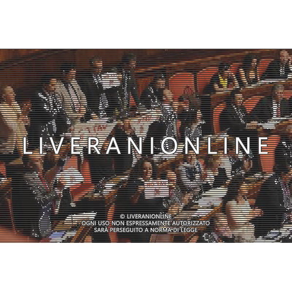 Roma - 09/04/2014 - Senato - Palazzo Madama - Ratifica ed esecuzione dell\'Accordo tra il Governo della Repubblica italiana e il Governo della Repubblica francese per la realizzazione e l\'esercizio di una nuova linea ferroviaria Torino-Lione - nella foto: Senatori del M5S espongono cartelli NO TAV / Ph. Fabrizio Corradetti - ag. Aldo Liverani Sas
