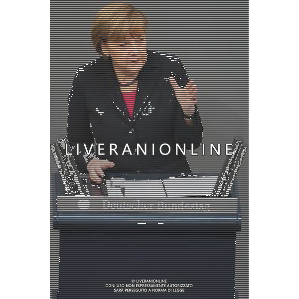 (140409) -- BERLIN, April 9, 2014 () -- German Chancellor Angela Merkel speaks during a debate on the 2014 federal budget at the Bundestag, the lower house of parliament, in Berlin, Germany, on April 9, 2014. (/Zhang Fan) (djj) AG ALDO LIVERANI SAS ONLY ITALY