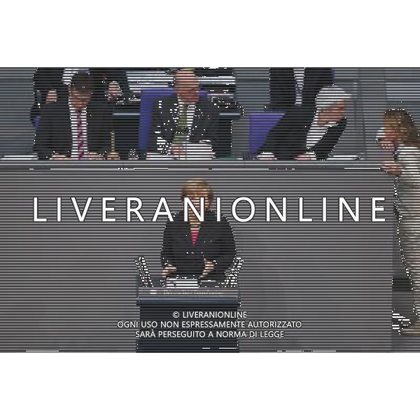 (140409) -- BERLIN, April 9, 2014 () -- German Chancellor Angela Merkel (front) speaks during a debate on the 2014 federal budget at the Bundestag, the lower house of parliament, in Berlin, Germany, on April 9, 2014. (/Zhang Fan) (djj) AG ALDO LIVERANI SAS ONLY ITALY