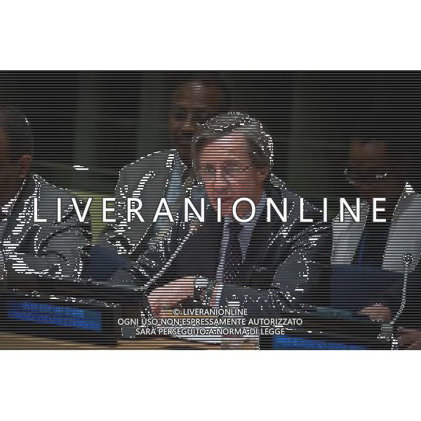 (140411) -- New York, April 11, 2014 () -- Peter Launsky-Tieffenthal, United Nations Under-Secretary-General for Communications and Public Information, speaks during the launch of the 2014 Economic Report on Africa, at the UN headquarters in New York, on April 11, 2014. Released on Friday by the United Nations and the African Union, the report called on the continent of Africa to refocus its economic development strategies on industrialization, particularly on the means for formulating and implementing effective industrial policy. (/Niu Xiaolei) ©photoshot/AGENZIA ALDO LIVERANI SAS - ITALY ONLY - Relazione economica 2014 Africa, presso la sede delle Nazioni Unite a New York, il 11 aprile 2014.