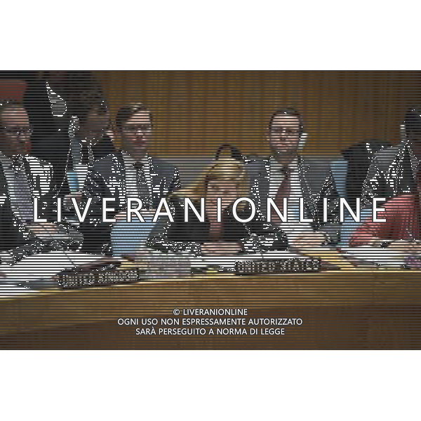 (140414) -- NEW YORK, April 14, 2014 () -- US Ambassador to the Untied Nations Samantha Power (C) speaks during the UN Security Council meeting on Ukraine, at the UN headquarters in New York, on April 13, 2014. The UN Security Council held an emergency meeting Sunday night in response to rising tensions in eastern Ukraine after pro-Russian militia seized government buildings there. (/Niu Xiaolei) (zjl) ©PHOTOSHOT/AGENZIA ALDO LIVERANI SAS - ITALY ONLY - il Consiglio di Sicurezza dell\'Onu ha tenuto una riunione di emergenza in risposta alle crescenti tensioni in Ucraina, presso la sede delle Nazioni Unite a New York, il 13 aprile 2014.