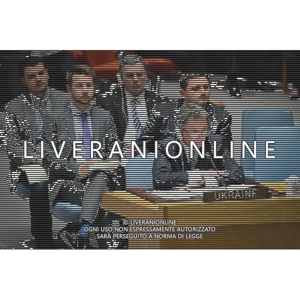 (140414) -- NEW YORK, April 14, 2014 () -- Ukrainian Ambassador to the Untied Nations Yuriy Sergeyev (Front) speaks during the UN Security Council meeting on Ukraine, at the UN headquarters in New York, on April 13, 2014. The UN Security Council held an emergency meeting Sunday night in response to rising tensions in eastern Ukraine after pro-Russian militia seized government buildings there. (/Niu Xiaolei) (zjl) ©PHOTOSHOT/AGENZIA ALDO LIVERANI SAS - ITALY ONLY - il Consiglio di Sicurezza dell\'Onu ha tenuto una riunione di emergenza in risposta alle crescenti tensioni in Ucraina, presso la sede delle Nazioni Unite a New York, il 13 aprile 2014.