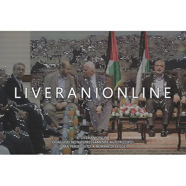 (140422) -- GAZA, April 22, 2014 () -- Hamas deputy leader Musa Abu Marzuk (3rd R) speaks with the head of the delegation of the Palestine Liberation Organisation (PLO) Azzam al-Ahmad (2nd R), a senior figure in Fatah Party of Palestinian President Mahmud Abbas, during a meeting in Gaza City on April 22, 2014. Azzam al-Ahmed, Fatah official in charge of the reconciliation file, told reporters in Ramallah that there is a pressing need among the Palestinian leadership to end the Palestinian division whether there are talks with Israel or not. Al-Ahmed arrived to Gaza Tuesday atop a delegation appointed by Abbas to hold discussions in Gaza with Hamas officials about the reconciliation. (/Wissam Nassar) ©PHOTOSHOT/AGENZIA ALDO LIVERANI SAS - ITALY ONLY - EDITORIAL USE ONLY - Una delegazione nominata da Abbas con i funzionari di Hamas durante i colloqui sulla riconciliazione a Gaza , 22 Aprile 2014