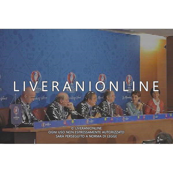 Gianni Infantino / Jacques Lambert / Michel Platini / Noel Le Graet / Najat Vallaud Belkacem / Arielle Piazza - 25.04.2014 - Conference de presse Euro 2016 - Photo : Aurelien Meunier / Icon Sport *** Local Caption *** AG ALDO LIVERANI SAS ONLY ITALY *** Local Caption ***