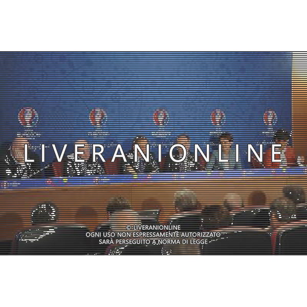 Gianni Infantino / Jacques Lambert / Michel Platini / Noel Le Graet / Najat Vallaud Belkacem / Arielle Piazza - 25.04.2014 - Conference de presse Euro 2016 - Photo : Aurelien Meunier / Icon Sport *** Local Caption *** AG ALDO LIVERANI SAS ONLY ITALY *** Local Caption ***