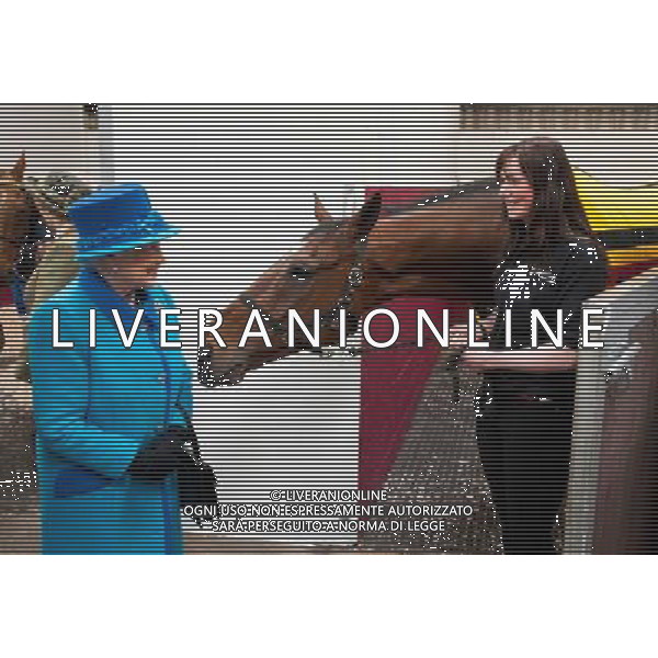 NARBETH, WALES - APRIL 29: Queen Elizabeth II with horse Teaforthree and Rebecca Morris (R) of Cotts Farm Equine Hospital during an official visit to Cotts Farm Equine Hospital, Narbeth on April 29, 2014 in Narbeth, Wales. The Cotts Equine Hospital is a purpose-built facility offering veterinary equine care. AG ALDO LIVERANI SAS ONLY ITALY