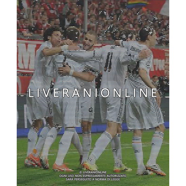 UEFA Champions League semi-final second leg match between FC Bayern Munich and Real Madrid at Allianz Arena on April 29, 2014 in Munich, Bavaria, Germany. 29.04.2014, Allianz Arena, Muenchen, GER, UEFA CL, FC Bayern Muenchen vs Real Madrid, Halbfinale, Ruckspiel, im Bild Jubel bei Real Madrid nach dem 0:1 durch Sergios Ramos (Real Madrid), 2.vl. // during the UEFA Champions League Round of 4, 2nd Leg Match between FC Bayern Munich vs Real Madrid at the Allianz Arena in Muenchen, Germany on 2014/04/29. EXPA Pictures © 2014, PhotoCredit: EXPA/ Eibner-Pressefoto/ Stuetzle *****ATTENTION - OUT of GER***** ©PHOTOHSOT/AGENZIA ALDO LIVERANI SAS - ITALY ONLY - BAYERN MONACO - REAL MADRID SEMIFINALE DI RITORNO CHAMPIONS LEAGUE