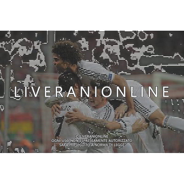 29.04.2014, Allianz Arena, Muenchen, GER, UEFA CL, FC Bayern Muenchen vs Real Madrid, Halbfinale, Ruckspiel, im Bild Jubel nach dem 0:3 durch Cristiano Ronaldo (Real Madrid), links. Daneben Gareth Bale (Real Madrid), oben Pepe (Real Madrid) // during the UEFA Champions League Round of 4, 2nd Leg Match between FC Bayern Munich vs Real Madrid at the Allianz Arena in Muenchen, Germany on 2014/04/30. EXPA Pictures © 2014, PhotoCredit: EXPA/ Eibner-Pressefoto/ Stuetzle *****ATTENTION - OUT of GER***** ©PHOTOSHOT/AGENZIA ALDO LIVERANI SAS - ITALY ONLY - EDITORIAL USE ONLY - BAYERN MONACO - REAL MADRID SEMIFINALE DI RITORNO CHAMPIONS LEAGUE