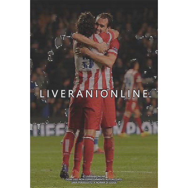  Athletico Madrid\'s celebrate their equalising goal in their 3-1 win against Chelsea, in the Semi Final second leg held at Stamford Bridge, London on Wednesday April 30, 2014. AG ALDO LIVERANI SAS ONLY ITALY