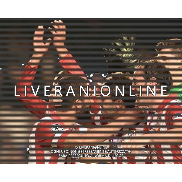  Atletico Madrid players celebrate winning 3-1 against Chelsea in the Semi Final second leg, held at Stamford Bridge, London on Wednesday April 30, 2014. AG ALDO LIVERANI SAS ONLY ITALY