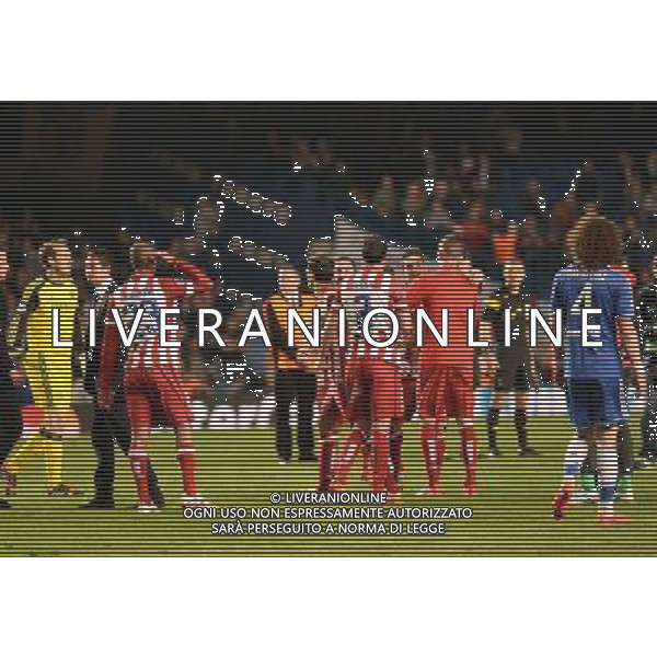  Atletico Madrid players celebrate winning 3-1 against Chelsea in the Semi Final second leg, held at Stamford Bridge, London on Wednesday April 30, 2014. AG ALDO LIVERANI SAS ONLY ITALY
