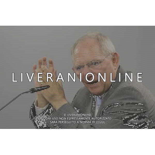 German Finance Minister Wolfgan Schaeuble talks to the press after the Ecofin Finance Ministers meeting at the EU council headquarters in Brussels, Belgium on 06.05.2014 by Wiktor Dabkowski ©photoshot/AGENZIA ALDO LIVERANI SAS - ITALY ONLY - Riunione dei Ministri delle finanze dell\' Ecofin presso la sede del Consiglio dell\'Unione europea a Bruxelles, Belgio 06 maggio 2014 