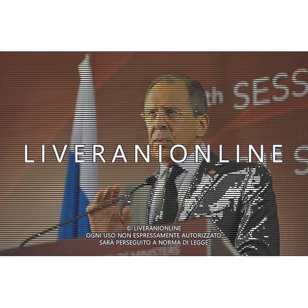 (140506) -- VIENNA, May 6, 2014 () -- Russian Foreign Minister Sergey Lavrov speaks during a news conference after a Council of Europe meeting in Vienna, Austria, May 6, 2014. Lavrov said on Tuesday that the new round of international negotiations on tensions in Ukraine should include \'opposition\' leaders as well. (/Qian Yi) (dzl) ©PHOTOSHOT/AGENZIA ALDO LIVERANI SAS - ITALY ONLY - EDITORIAL USE ONLY - Conferenza stampa dopo una riunione del Consiglio d\'Europa, a Vienna, Austria, 6 maggio 2014 .