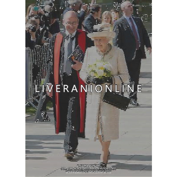 FELSTED, ENGLAND - MAY 06: Queen Elizabeth II departs after her official visit to Felsted School on May 6, 2014 in Felsted, England. Her Majesty unveiled two plaques to commemorate the School\'s 450th anniversary and completion of a new boarding house. AG ALDO LIVERANI SAS ONLY ITALY
