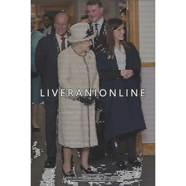 FELSTED, ENGLAND - MAY 06: Prince Phillip, Duke of Edinburgh and Queen Elizabeth II meet staff during an official visit to Felsted School on May 6, 2014 in Felsted, England. Her Majesty unveiled two plaques to commemorate the School\'s 450th anniversary and completion of a new boarding house. AG ALDO LIVERANI SAS ONLY ITALY
