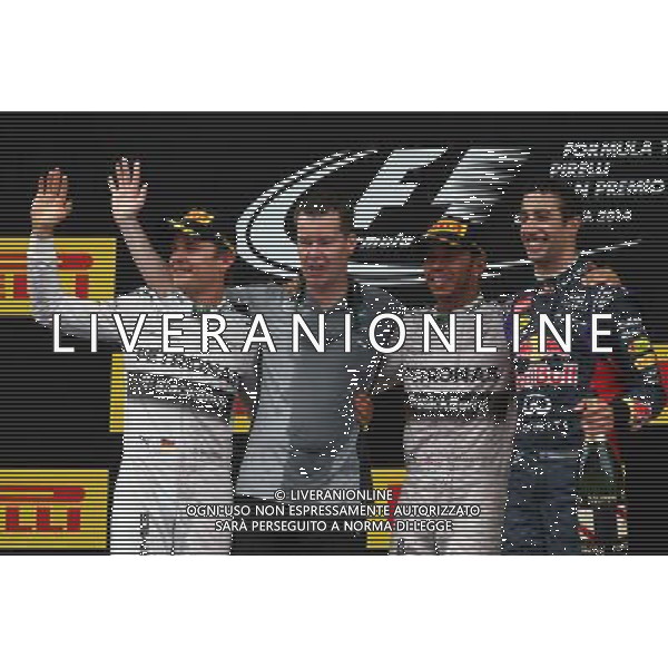 1st place Lewis Hamilton (GBR) Mercedes AMG F1 with 2nd place Nico Rosberg (GER) Mercedes AMG F1 W05 and 3rd place Daniel Ricciardo (AUS) Red Bull Racing. 11.05.2014. Formula 1 World Championship, Rd 5, Spanish Grand Prix, Barcelona, Spain, Race Day. - www.xpbimages.com, EMail: requests@xpbimages.com - copy of publication required for printed pictures. Every used picture is fee-liable. © Copyright: Batchelor / XPB Images AG ALDO LIVERANI SAS ONLY ITALY