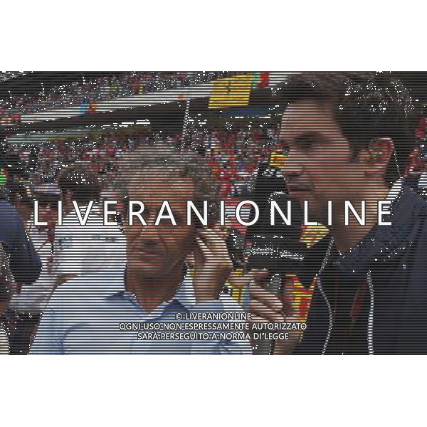 (L to R): Alain Prost (FRA) with Thomas Senecal (FRA) Canal+ F1 Chief Editor and TV Presenter on the grid. 11.05.2014. Formula 1 World Championship, Rd 5, Spanish Grand Prix, Barcelona, Spain, Race Day. - www.xpbimages.com, EMail: requests@xpbimages.com - copy of publication required for printed pictures. Every used picture is fee-liable. © Copyright: Photo4 / XPB Images AG ALDO LIVERANI SAS ONLY ITALY