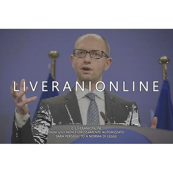 Ukrainian Prime Minister Arseniy Yatsenyuk holds press conference at the end of EU commission / Urkraine meeting at the EU council headquarters in Brussels, Belgium on 13.05.2014 Yatsenyuk and his government hold talks with the European Commission to examine further support (€355 million included in \'state building contract\') from the 28-nation bloc. by Wiktor Dabkowski AG ALDO LIVERANI SAS ONLY ITALY