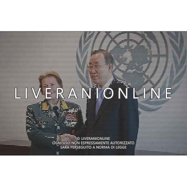 (140512) -- NEW YORK, May 12, 2014 () -- Major General Kristin Lund (L) shakes hands with United Nations Secretary-General Ban Ki-moon during a photo opportunity after she was appointed as the commander of the UN peacekeeping force in Cyprus, at the UN headquarters in New York, on May 12, 2014. UN chief Ban Ki-moon on Monday named Major General Kristin Lund to take command of the UN peacekeeping force in Cyprus. The Norwegian commander will be the first female to command a UN force. (/Niu Xiaolei) AG ALDO LIVERANI SAS ONLY ITALY