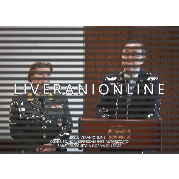 (140512) -- NEW YORK, May 12, 2014 () -- Major General Kristin Lund (L) looks on as United Nations Secretary-General Ban Ki-moon speaks during a photo opportunity after she was appointed as the commander of the UN peacekeeping force in Cyprus, at the UN headquarters in New York, on May 12, 2014. UN chief Ban Ki-moon on Monday named Major General Kristin Lund to take command of the UN peacekeeping force in Cyprus. The Norwegian commander will be the first female to command a UN force. (/Niu Xiaolei) AG ALDO LIVERANI SAS ONLY ITALY
