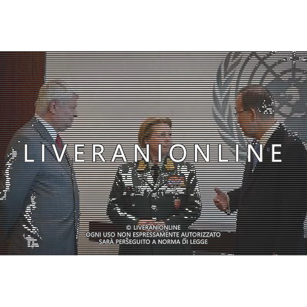 (140512) -- NEW YORK, May 12, 2014 () -- Major General Kristin Lund (C) speaks with United Nations Secretary-General Ban Ki-moon (R) and UN Under-Secretary-General for Peacekeeping Operations Herve Ladsous during a photo opportunity after she was appointed as the commander of the UN peacekeeping force in Cyprus, at the UN headquarters in New York, on May 12, 2014. UN chief Ban Ki-moon on Monday named Major General Kristin Lund to take command of the UN peacekeeping force in Cyprus. The Norwegian commander will be the first female to command a UN force. (/Niu Xiaolei) AG ALDO LIVERANI SAS ONLY ITALY