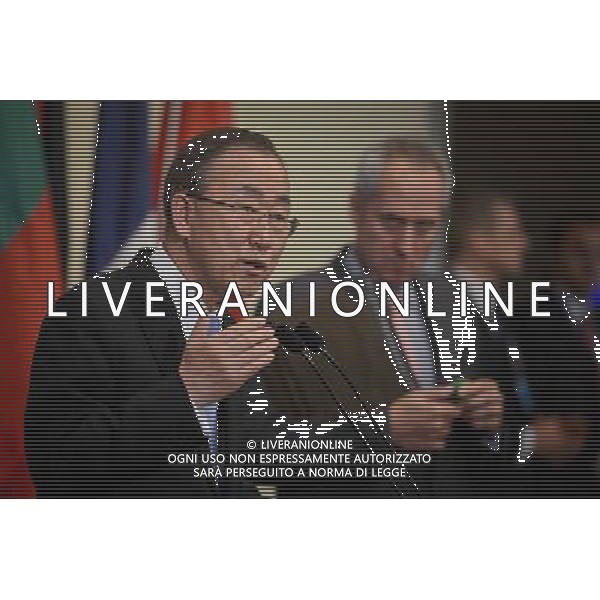 (140512) -- NEW YORK, May 12, 2014 () -- United Nations Secretary-General Ban Ki-moon briefs media repoters after a Security Council meeting on South Sudan, at the UN headquarters in New York, on May 12, 2014. Ban Ki-moon on Monday described the current conflict in South Sudan as \'an entirely man-made calamity,\' calling for an immediate end to the fighting in the world\'s youngest country. (/Niu Xiaolei) AG ALDO LIVERANI SAS ONLY ITALY