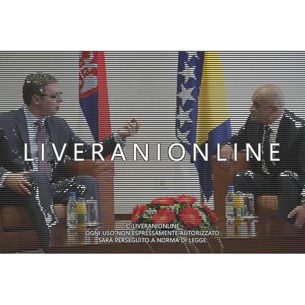 (140513) -- SARAJEVO, May 13, 2014 (Xinhua) -- Chairman of Council of Ministers of Bosnia and Herzegovina (BiH) Vjekoslav Bevanda (R) and visiting Serbian Prime Minister Aleksandar Vucic talk in the Parliament building in Sarajevo, Bosnia-Herzegovina, on May 13, 2014. It is Vucic\'s first official visit abroad since he became Serbian prime minister in April. (Xinhua/Haris Memija) AG ALDO LIVERANI SAS ONLY ITALY