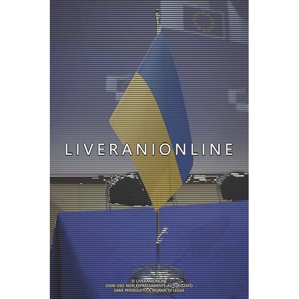 Ukrainian flag (blue and yellow) seen at the end of EU commission / Urkraine meeting at the EU council headquarters in Brussels, Belgium on 13.05.2014 Yatsenyuk and his government hold talks with the European Commission to examine further support (€355 million included in \'state building contract\') from the 28-nation bloc. by Wiktor Dabkowski AG ALDO LIVERANI SAS ONLY ITALY
