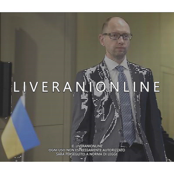 Ukrainian Prime Minister Arseniy Yatsenyuk arrives for the signarture ceremony of financing program for Ukraine at the end of EU commission / Urkraine meeting at the EU council headquarters in Brussels, Belgium on 13.05.2014 Yatsenyuk and his government hold talks with the European Commission to examine further support (€355 million included in \'state building contract\') from the 28-nation bloc. by Wiktor Dabkowski AG ALDO LIVERANI SAS ONLY ITALY