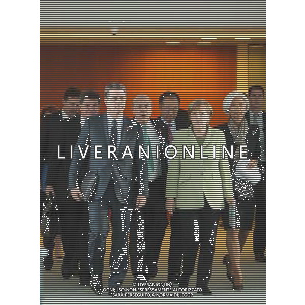 (140513) -- BERLIN, May 13, 2014 () -- German Chancellor Angela Merkel (Front R), Director-General of the World Trade Organization (WTO) Roberto Azevedo (Front L), the International Labor Organization (ILO) Director General Guy Ryder (2nd row, L), Secretary-General of the Organization for Economic Cooperation and Development (OECD) Angel Gurria (2nd row, C), the World Bank Group President Jim Yong Kim (3rd R) and the International Monetary Fund (IMF) Managing Director Christine Lagarde (1st R) arrive for a joint press conference after a meeting at the Chancellery in Berlin, Germany, on May 13, 2014. (/Zhang Fan) AG ALDO LIVERANI SAS ONLY ITALY