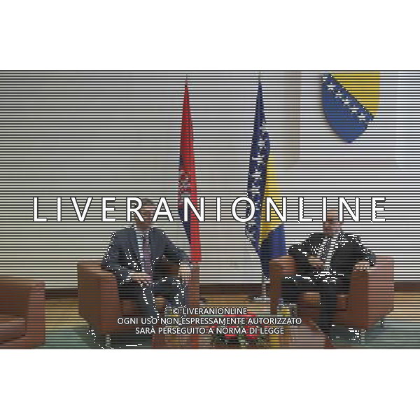 (140513) -- SARAJEVO, May 13, 2014 (Xinhua) -- Chairman of Council of Ministers of Bosnia and Herzegovina (BiH) Vjekoslav Bevanda (R) and visiting Serbian Prime Minister Aleksandar Vucic talk in the Parliament building in Sarajevo, Bosnia-Herzegovina, on May 13, 2014. It is Vucic\'s first official visit abroad since he became Serbian prime minister in April. (Xinhua/Haris Memija) AG ALDO LIVERANI SAS ONLY ITALY