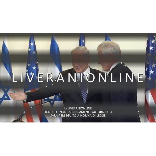 (140516) -- JERUSALEM, May 16, 2014 () -- Israeli Prime Minister Benjamin Netanyahu (L) and visiting U.S. Secretary of Defense Chuck Hagel attend a press conference at the Prime Minister\'s Office in Jerusalem, on May 16, 2014. Israel is not surprised by a UN report claiming Iran is pursing ballistic missile capabilities, Israeli Prime Minister Benjamin Netanyahu on Friday told visiting U.S. Secretary of Defense Chuck Hagel. (/GPO/Haim Zach) -ISRAEL OUT- ©PHOTOSHOT/Agenzia Aldo Liverani sas - ITALY ONLY - EDITORIAL USE ONLY ©photoshot/Agenzia Aldo Liverani sas - ITALY ONLY - EDITORIAL USE ONLY