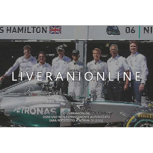 Lewis Hamilton (GBR) Mercedes AMG F1 and team mate Nico Rosberg (GER) Mercedes AMG F1 with Dr. Dieter Zetsche (GER) Daimler AG CEO and Toto Wolff (GER) Mercedes AMG F1 Shareholder and Executive Director as Petronas extend their title sponsorship with the Mercedes AMG F1 Team. 24.05.2014. Formula 1 World Championship, Rd 6, Monaco Grand Prix, Monte Carlo, Monaco, Qualifying Day - www.xpbimages.com, EMail: requests@xpbimages.com - copy of publication required for printed pictures. Every used picture is fee-liable. © Copyright: Batchelor / XPB Images AG ALDO LIVERANI SAS ONLY ITALY