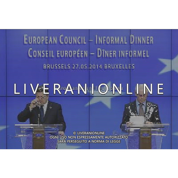 (140527) -- BRUSSELS, May 27, 2014 () -- President of European Council Herman Van Rompuy (R) and President of European Commission Jose Manuel Barroso attend the press conference after the Informal Dinner of Heads of State or Government of European Union (EU) in Brussels, capital of Belgium, May 27, 2014. Leaders of the 28-member EU gathered here Tuesday for an informal dinner meeting in Brussels to evaluate the results of the European elections and the candidate of the next European Commission President. (/Zhou Lei) ©photoshot/AGENZIA ALDO LIVERANI SAS - ITALY ONLY - Vertice informale dei leader dell\'Unione Europea presso la sede a Bruxelles in Belgio, 27 maggio 2014 per discutere della nomina di nuovi leader europei dopo le elezioni e degli ultimi sviluppi in Ucraina