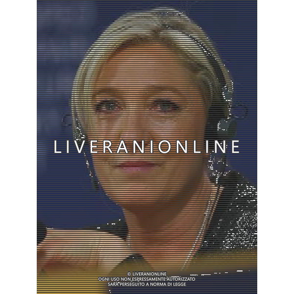 (140529) -- BRUSSELS, May 29, 2014 () -- Marine Le Pen, leader of the far-right National Front (NF), attends a press conference at the headquarters of European Union, in Brussels, Belgium, on May 28, 2014. During the press conference, Le Pen announced a right-wing alliance between the NF and the Northern League (Italy), the Party of Freedom (Netherlands), the Freedom Party of Austria and the Vlaams Belang (Belgium). This alliance is one step for the forming a parliamentary group, but has to meet the criterion that their elected are from at least seven countries. (/Gong Bing) (zjl) ag aldo liverani sas only italy