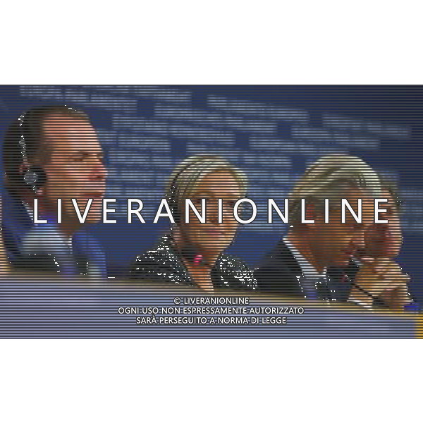 (140529) -- BRUSSELS, May 29, 2014 () -- Marine Le Pen (C), leader of the far-right National Front (NF), attends a press conference at the headquarters of European Union, in Brussels, Belgium, on May 28, 2014. During the press conference, Le Pen announced a right-wing alliance between the NF and the Northern League (Italy), the Party of Freedom (Netherlands), the Freedom Party of Austria and the Vlaams Belang (Belgium). This alliance is one step for the forming a parliamentary group, but has to meet the criterion that their elected are from at least seven countries. (/Gong Bing) (zjl) ag aldo liverani sas only italy