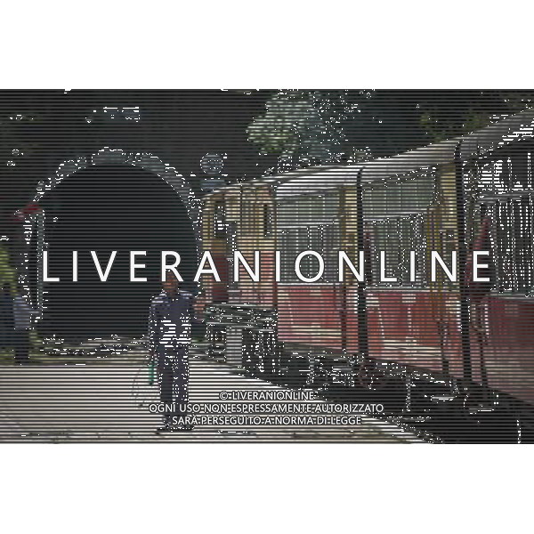 (140529) -- HIMACHAL PRADESH, May 29, 2013 () -- A railway staff member directs a train in operation on the Kalka-Shimla Railway before it enters a tunnel in north India\'s Himachal Pradesh, May 28, 2014. The Kalka-Shimla Railway is a 762?mm narrow gauge railway in North-West India\'s Himachal Pradesh travelling along a mostly mountainous route from Kalka to Shimla. It is known for dramatic views of the hills and surrounding villages. The 96-km long railway was built since 1898 to provide a service to the highland town of Shimla. Three still fully operational railways, the Darjeeling Himalayan Railway in India\'s West Bengal, the Nilgiri Mountain Railway in south India\'s Tamil Nadu and the Kalka-Shimla Railway, are recognised as the UNESCO World Heritages together. (/Zheng Huansong) ©PHOTOSHOT/AGENZIA ALDO LIVERANI SAS - ITALY ONLY - EDITORIAL USE ONLY - La ferrovia lunga 96 km costruito nel 1898 con un lungo percorso prevalentemente montuoso da Kalka a Shimla con una vista spettacolare sulle colline e villaggi circostanti, riconosciuta come patrimonio mondiale dell\'UNESCO, nel nord dell\'India Himachal Pradesh, 28 Maggio 2014